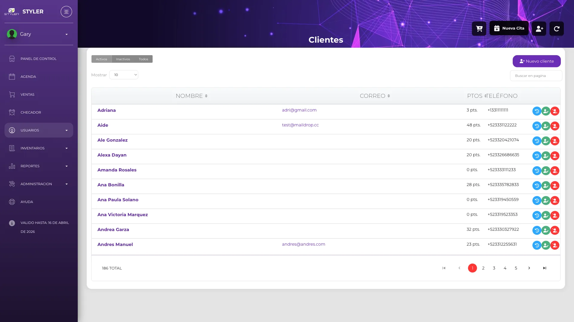 Lista de clientes en Styler