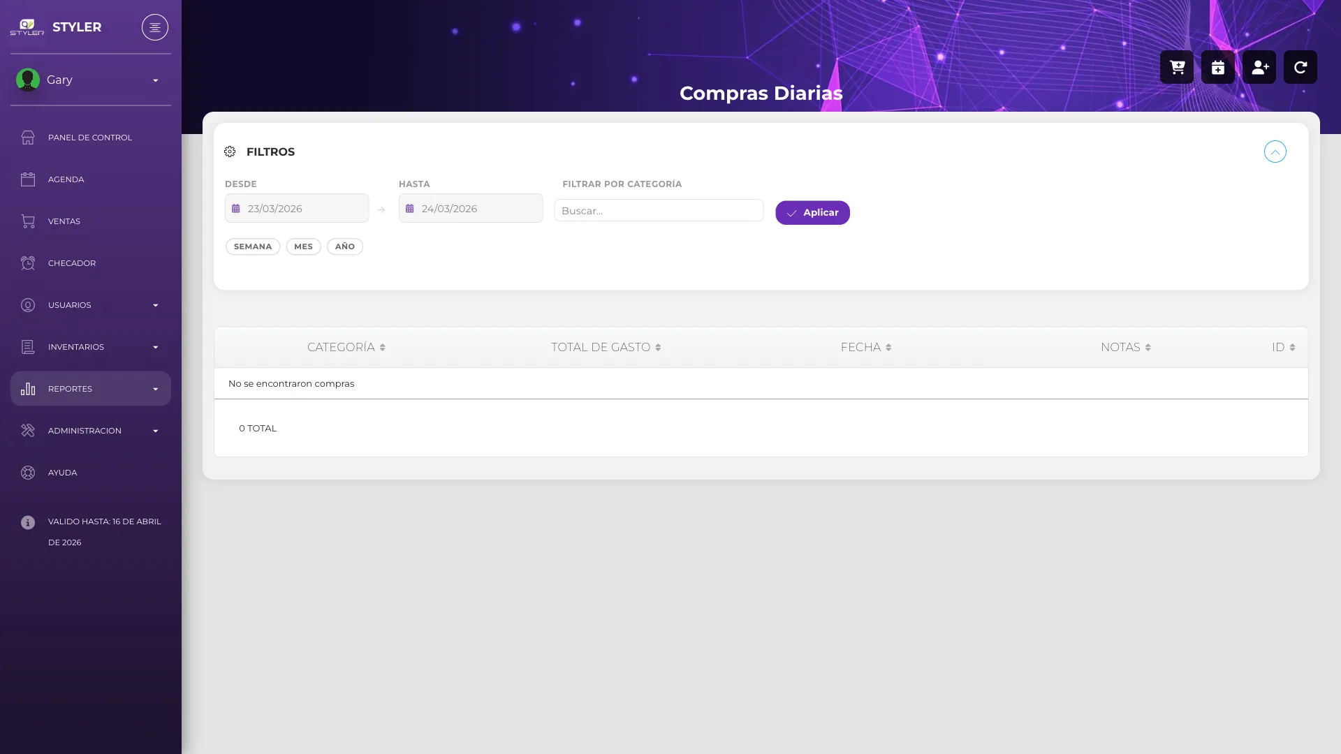 Reporte de gastos mostrando tabla con categoría, total de gasto, fecha y notas