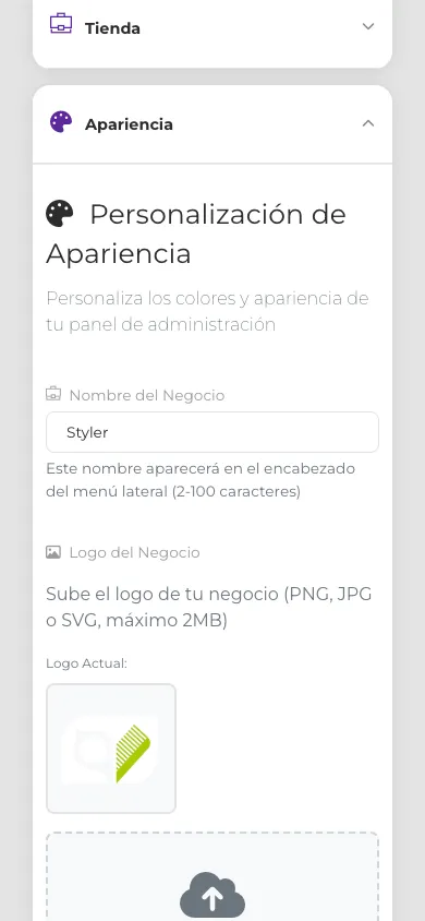 Pestaña Apariencia en vista móvil