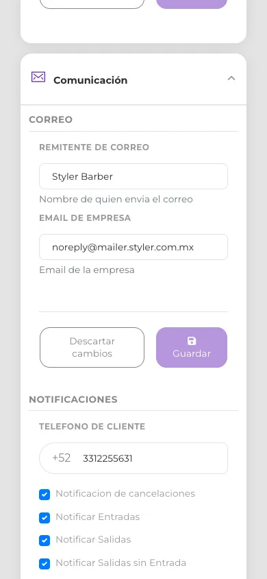 Pestaña Comunicación en vista móvil