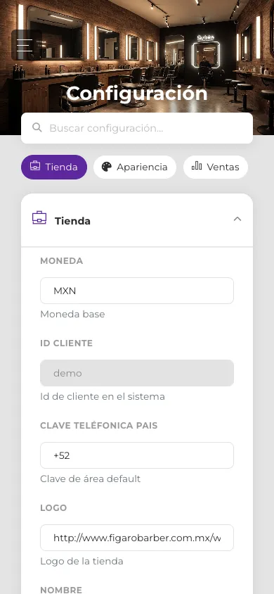 Configuración en vista móvil con las pestañas en acordeón