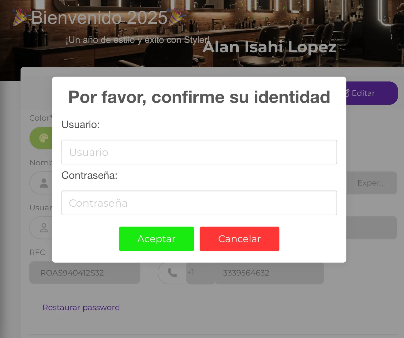 Confirmar identidad para autorizar el cambio