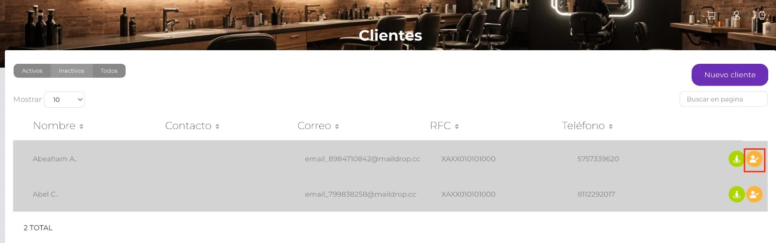 Lista de clientes inactivos con el icono para habilitar un cliente